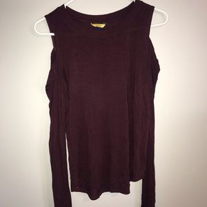 deep burgundy long sleeved cold shoulder shirt